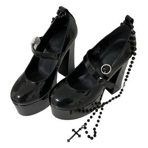 Black Platform Heels with Cross Beaded Chain, New, Size 8